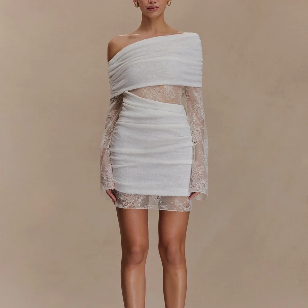 MESHKI - white lace off shoulder cutout side asymmetrical mini dress - Picture 3 of 3